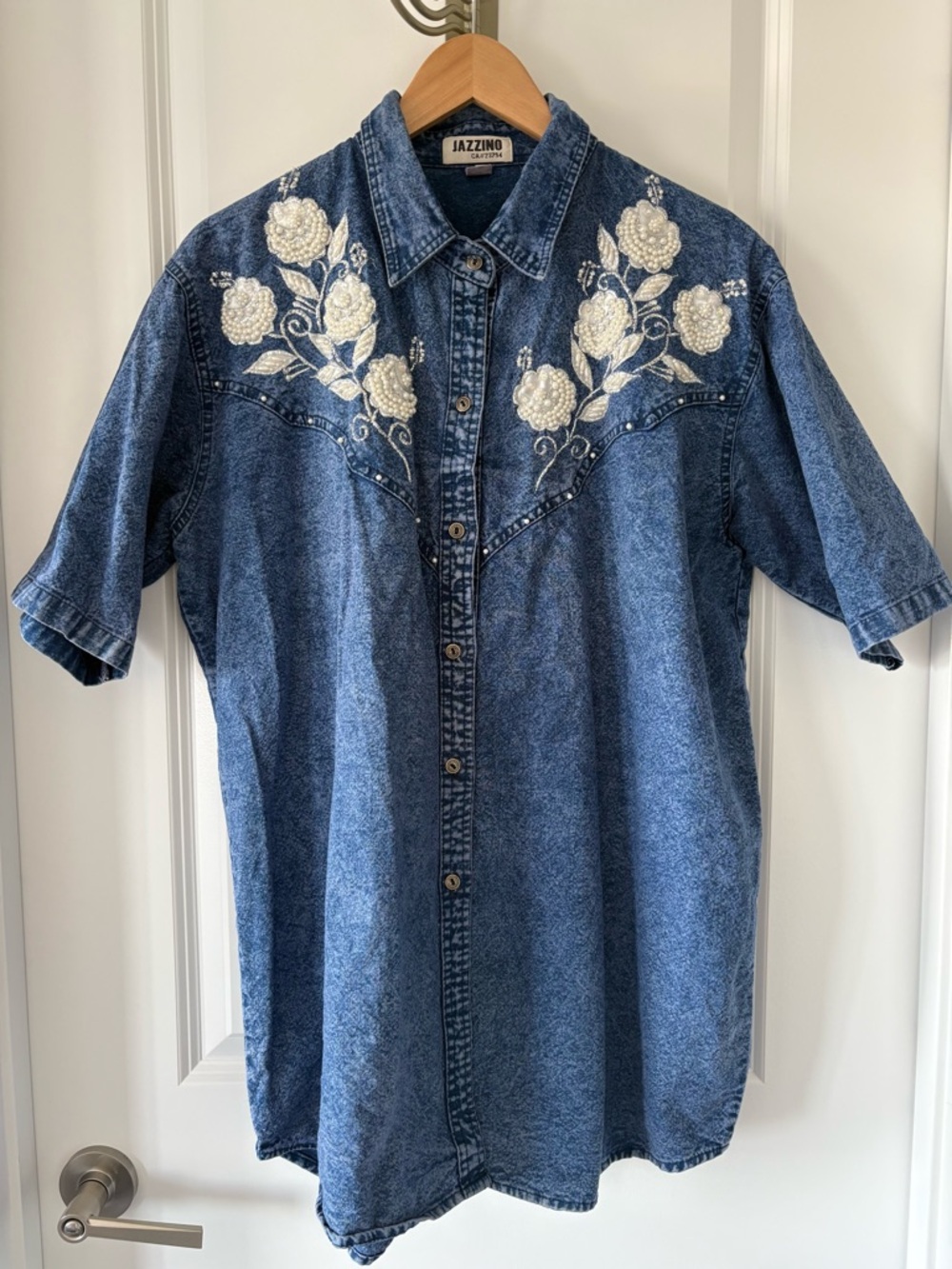 Vintage Jazzino Beaded Embroidered Denim Shirt XXL Acid Wash